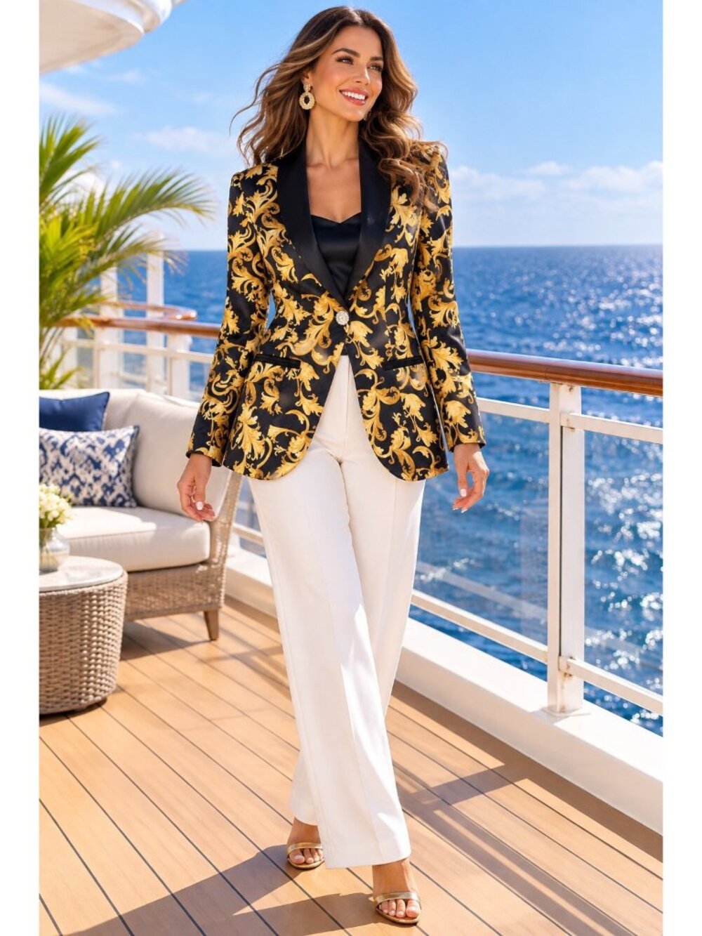 Gold Baroque Statement Blazer Crystal Button EUC Womens Small Black